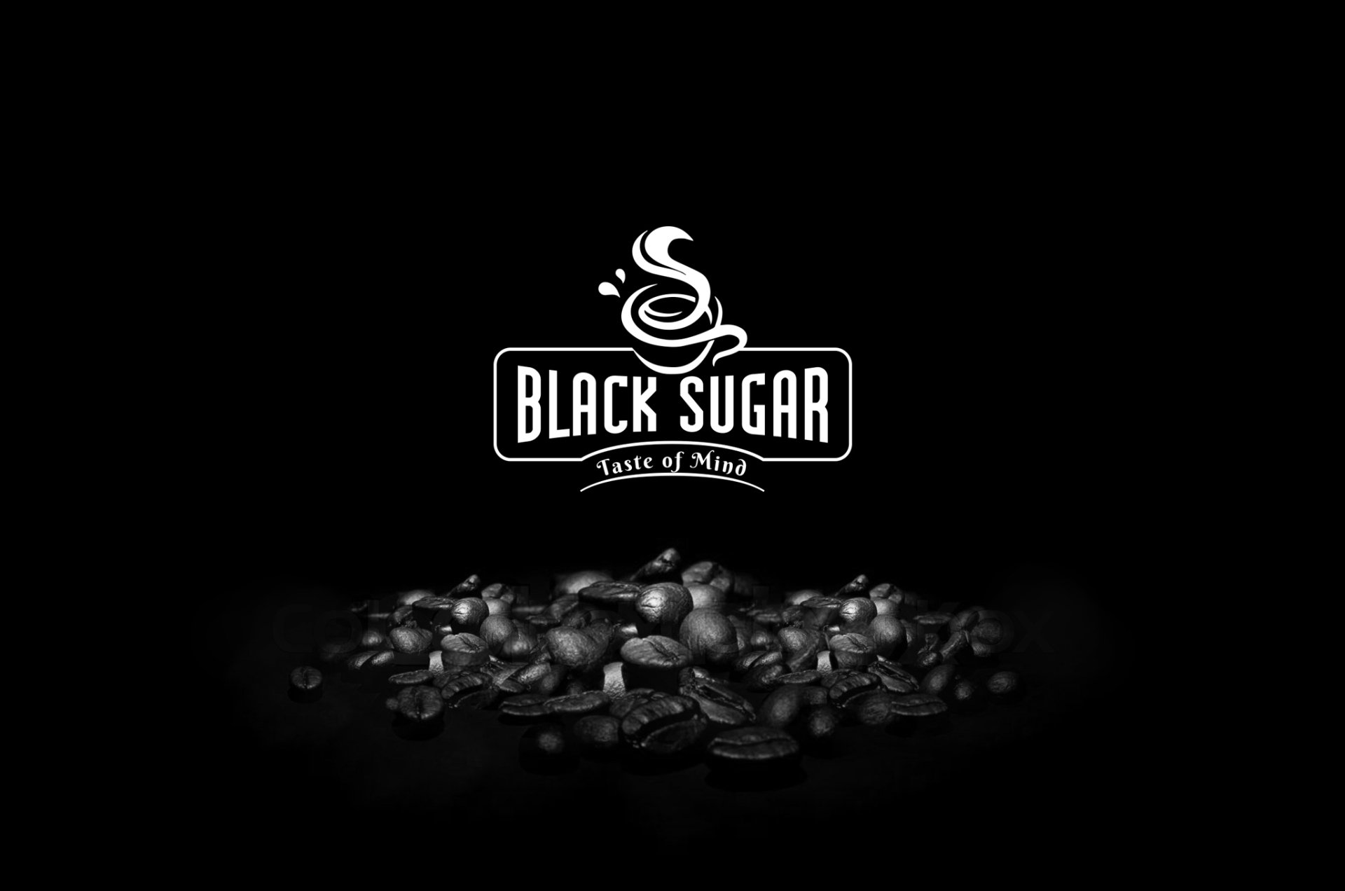 The logo for black sugar is on a pile of coffee beans on a black background.