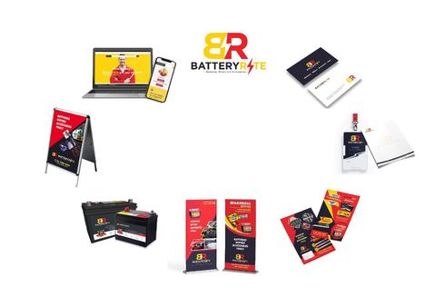 A variety of advertisements for 8r battery site are arranged in a circle