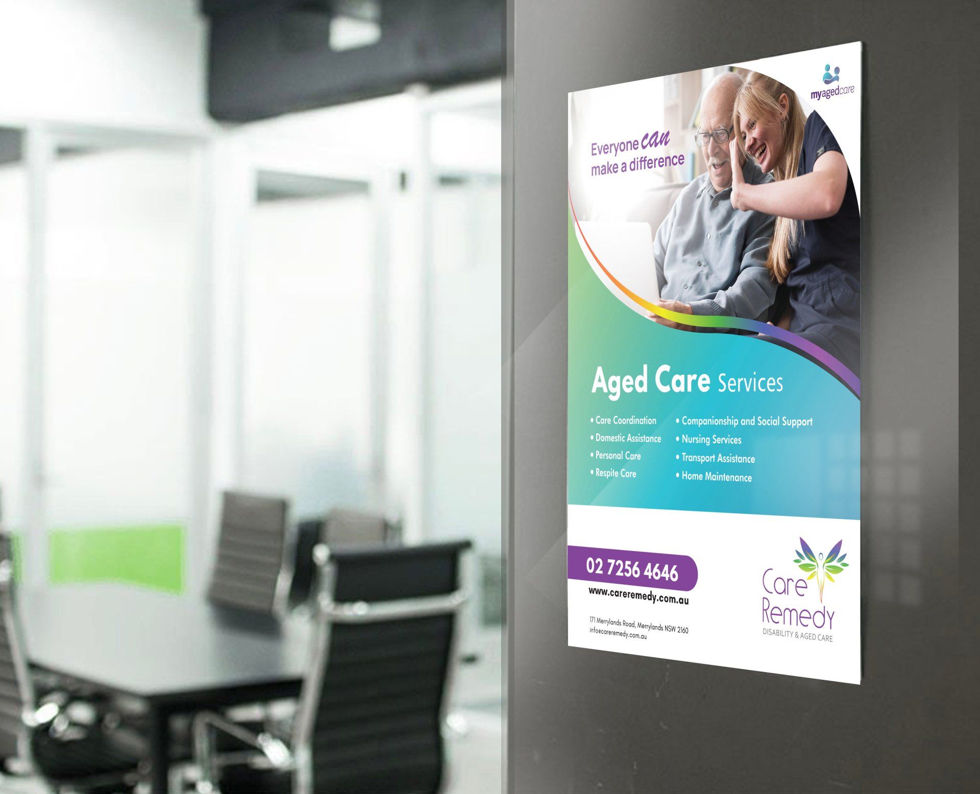 A poster for aged care is hanging on a wall