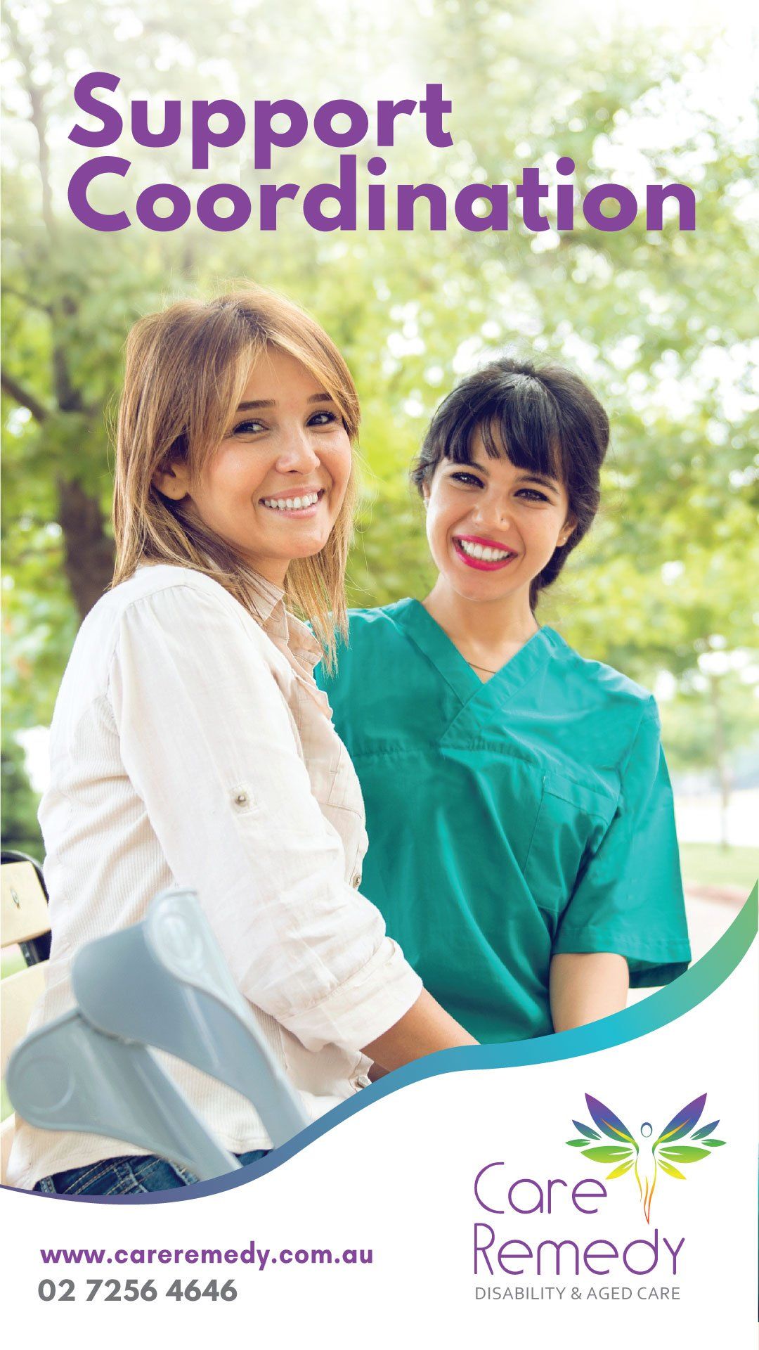 A poster for support coordination shows two women sitting next to each other