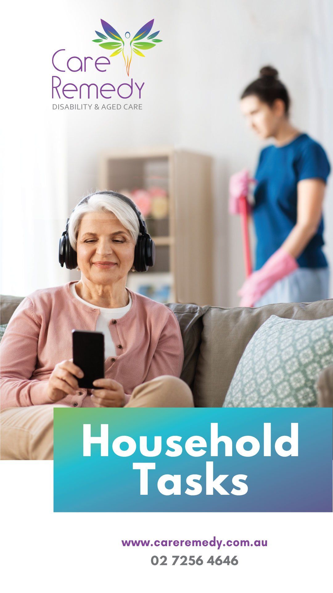 A woman wearing headphones is sitting on a couch holding a cell phone.