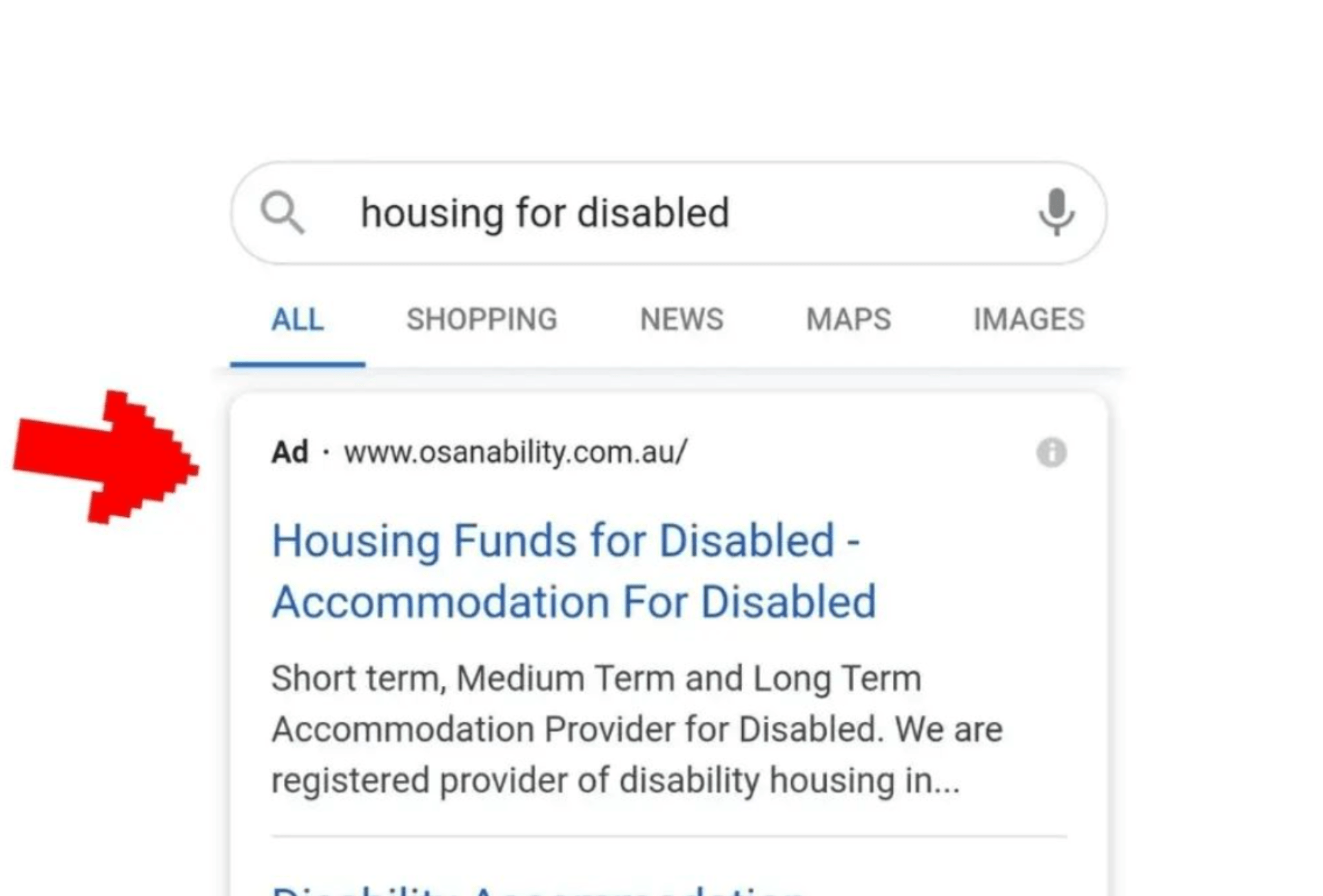 A screenshot of a google search for housing for disabled
