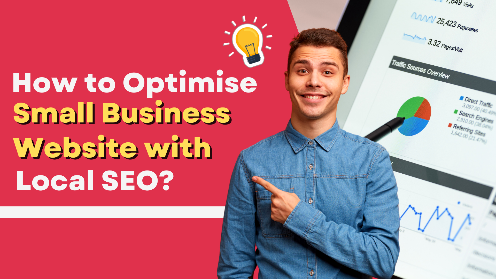 A man is pointing at a screen that says how to optimise small business website with local seo