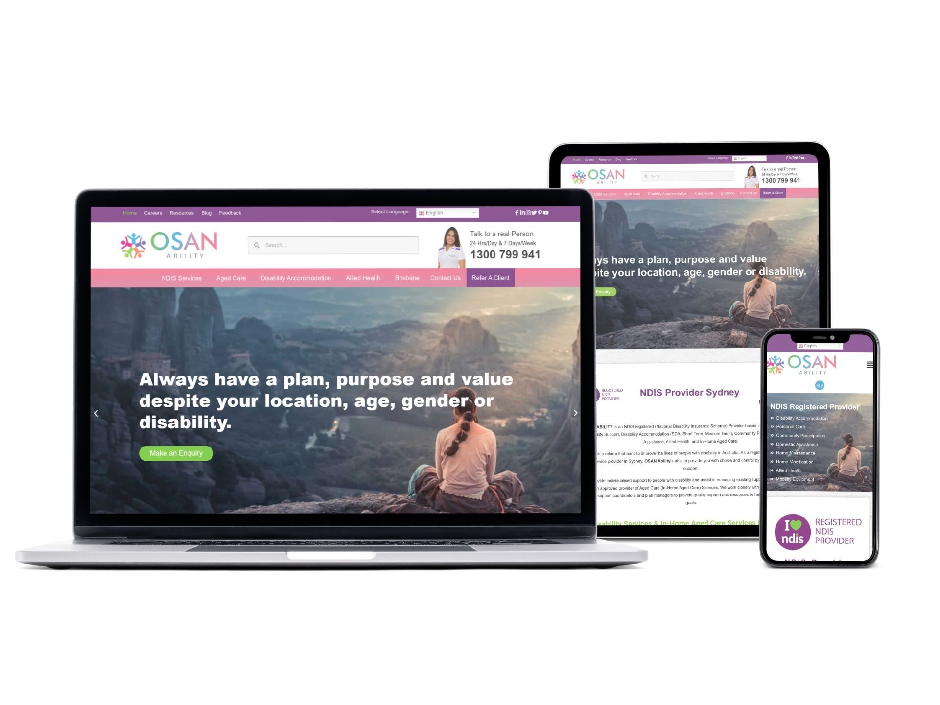 A laptop , tablet , and cell phone are displaying a website.