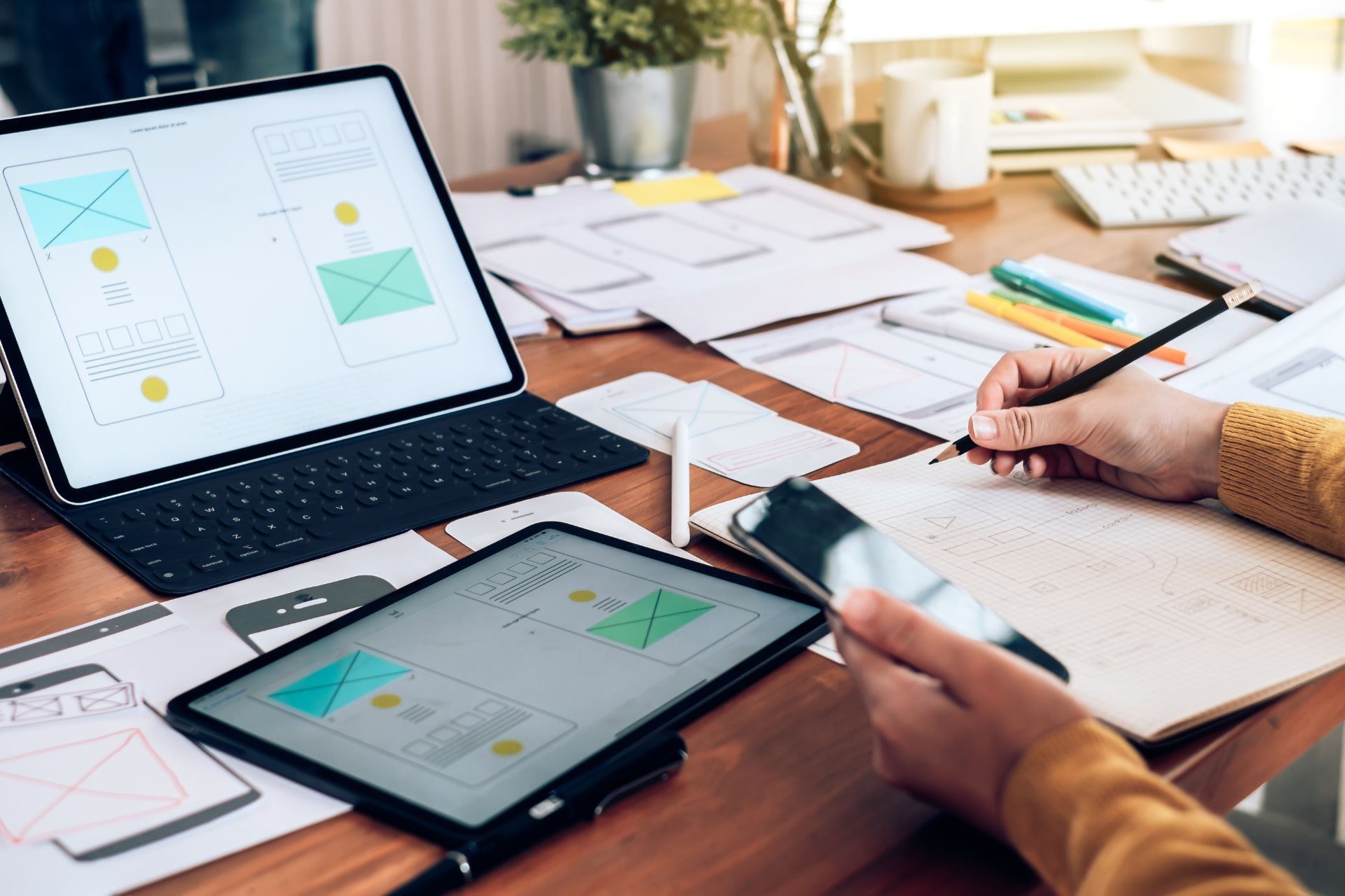 A person is using a tablet and a laptop on a desk