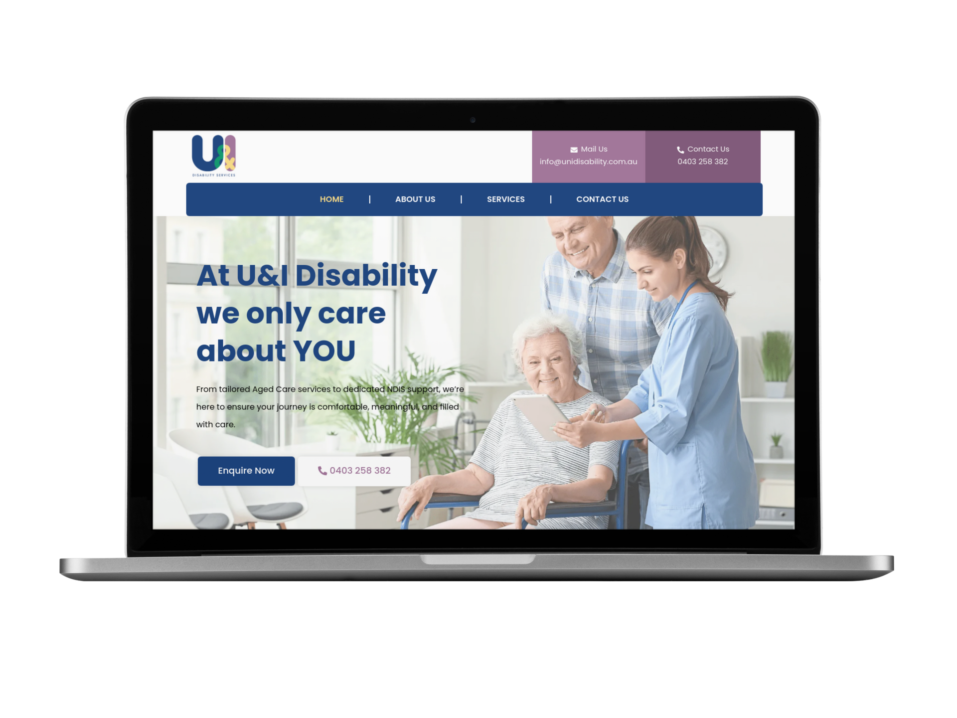 A laptop is open to a page that says at u & i disability we only care about you