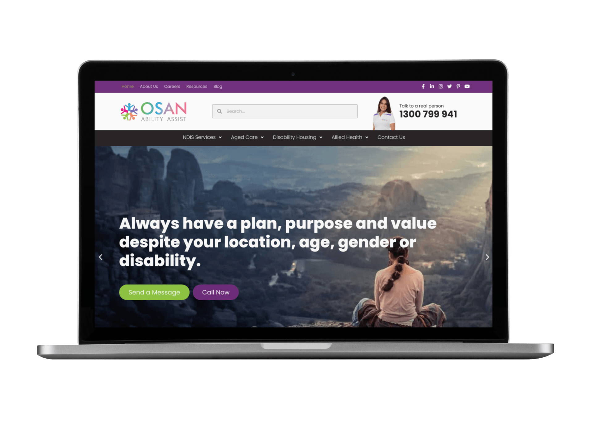 A laptop is open to a website that says always have a plan purpose and value despite your location age gender or disability