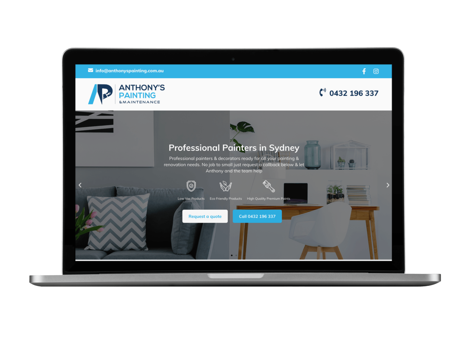 A laptop is open to a website that says professional furniture in sydney