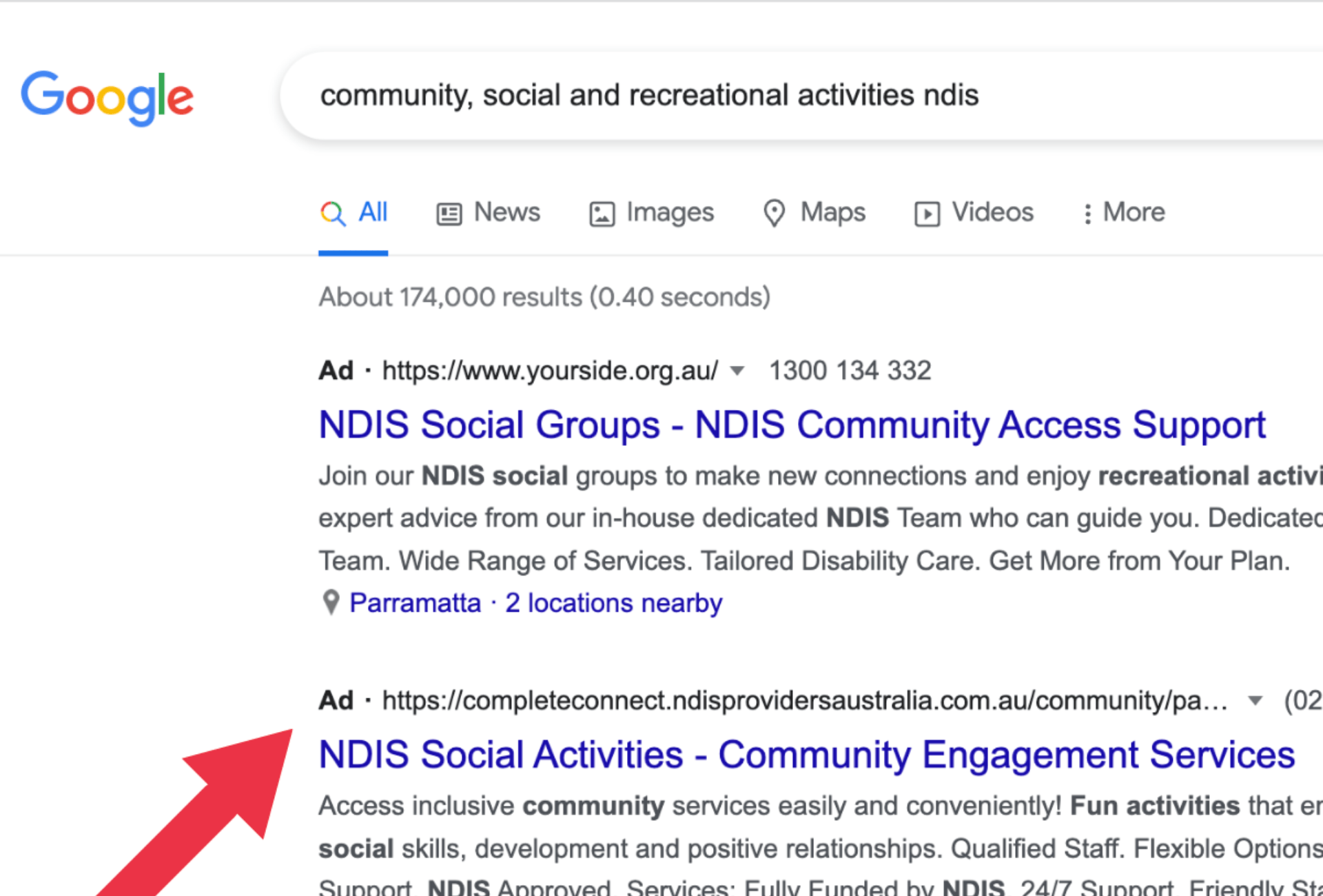 A google search for ndis social groups with an arrow pointing to it