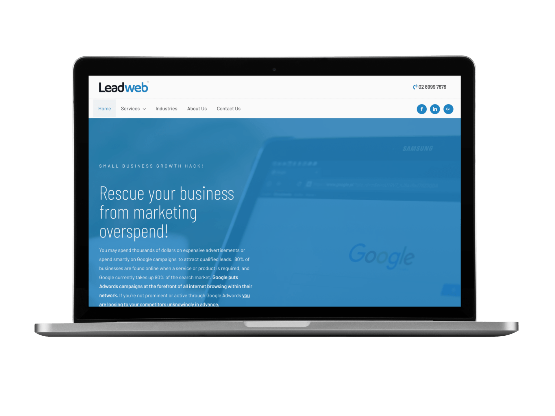 A laptop is open to a website called leadweb
