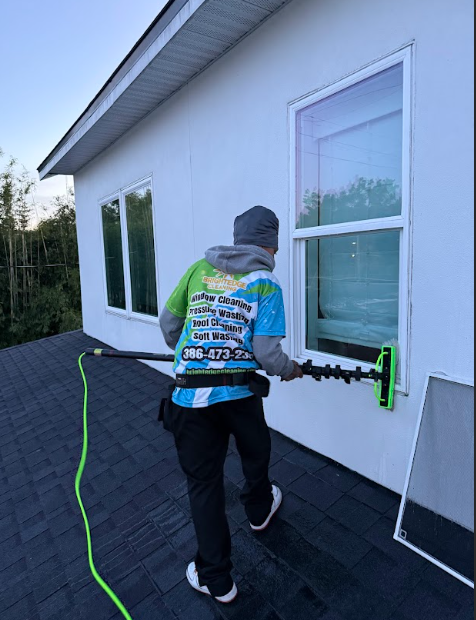 Person washing a window from a roof with a long-handled brush, house in the background.