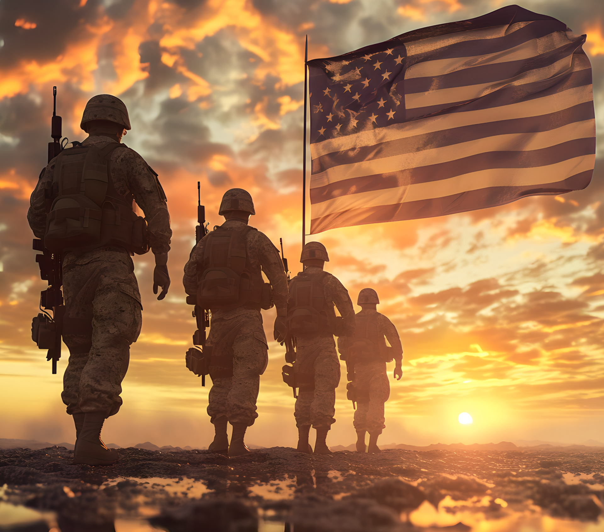 Active Duty Military walking with the American Flag towards Sunset.