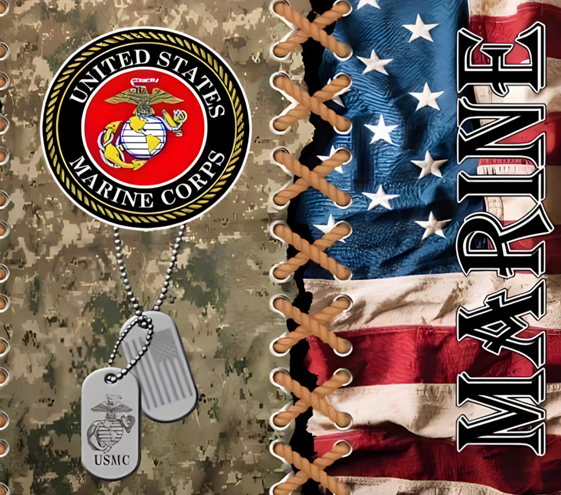 Dog Tag, Marine Insignia, Camo & American Flag Design