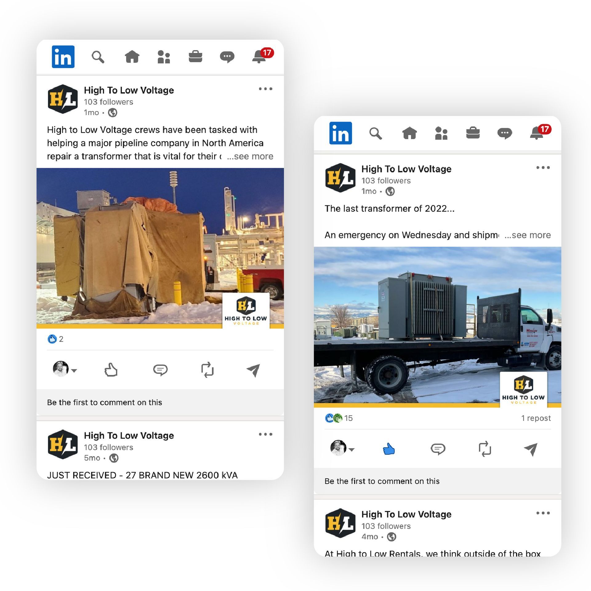 Two screenshots of linked in posts Trailmark Creative has organized and posted for High To Low Voltage