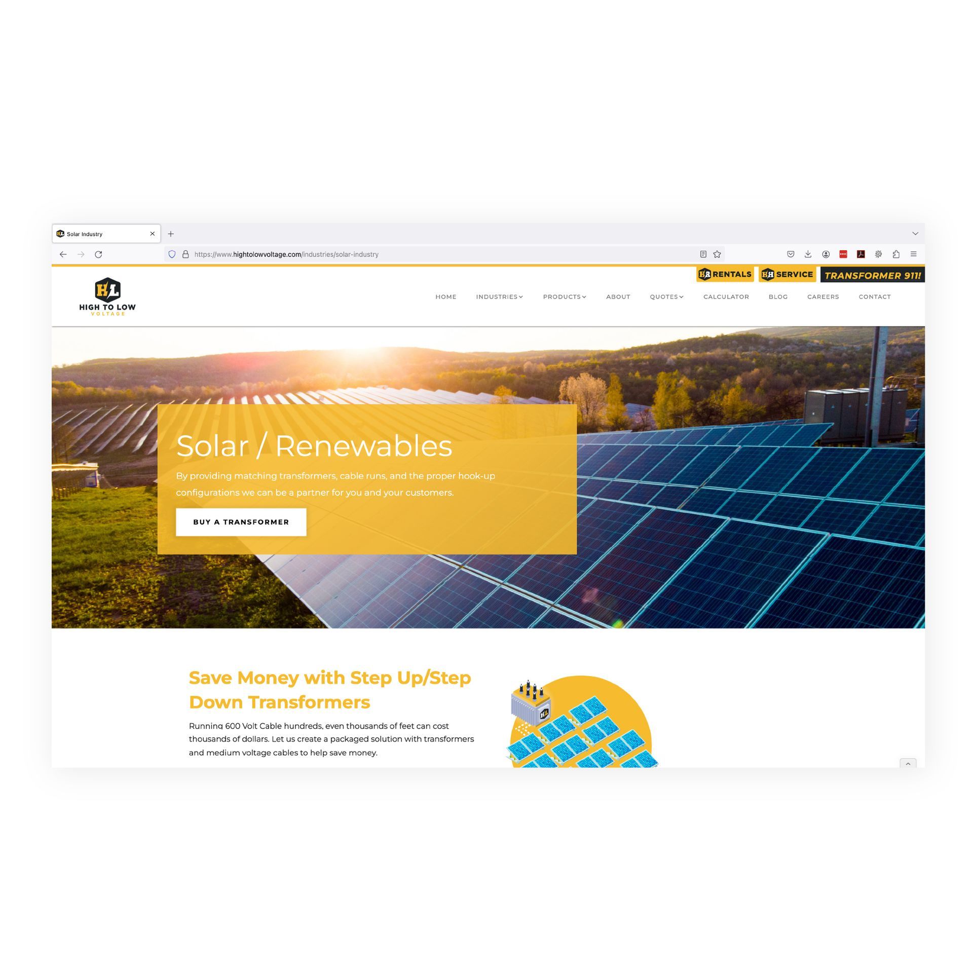 Website screenshot of High To Low voltage's Solar / Renewables page.