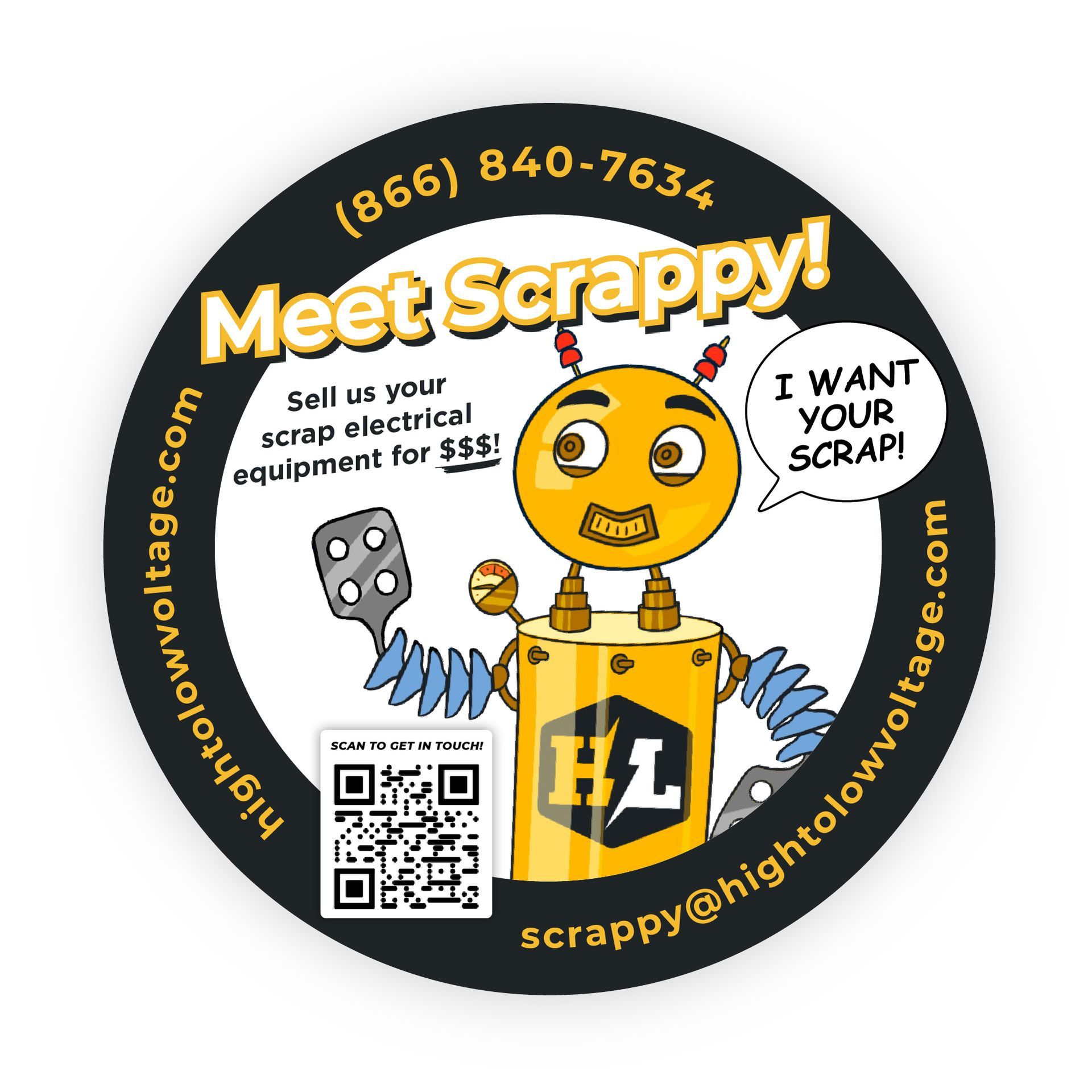 Meet Scrappy Character designed from scrap transformer parts as a sales character in their industry