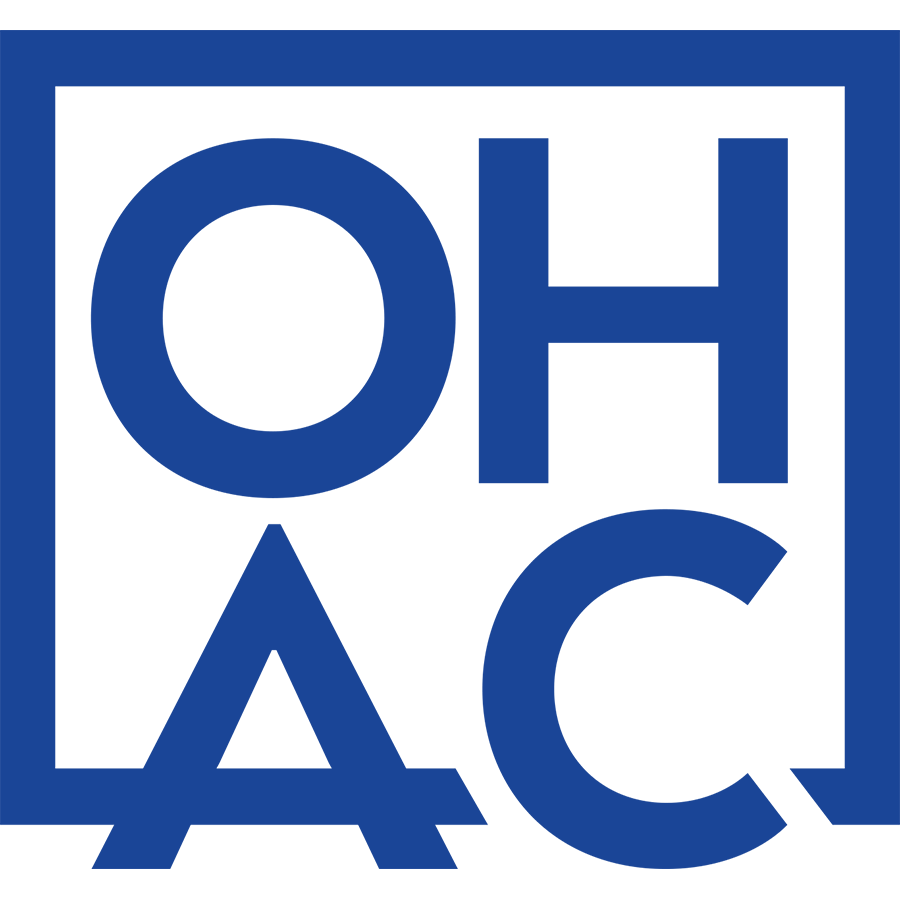 A blue and white logo for a company called oh ac.