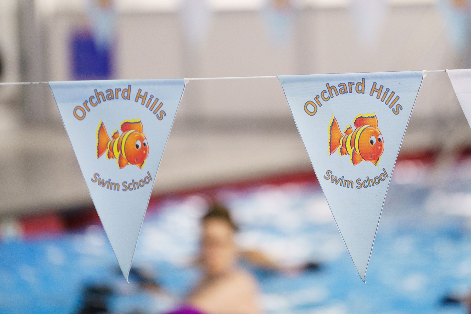 Two flags with fish on them are hanging from a rope in front of a swimming pool.