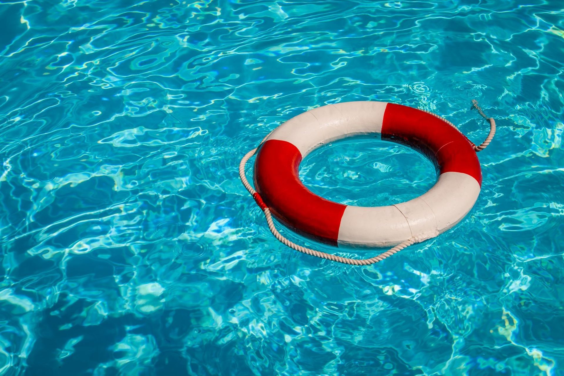 A red and white life preserver is floating in a swimming pool.