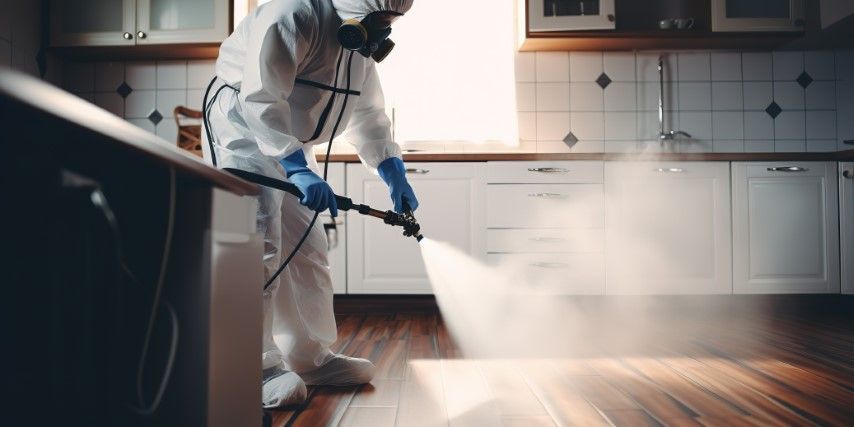 Technician in white protective suit spraying disinfectant on a kitchen floor with a hose.
