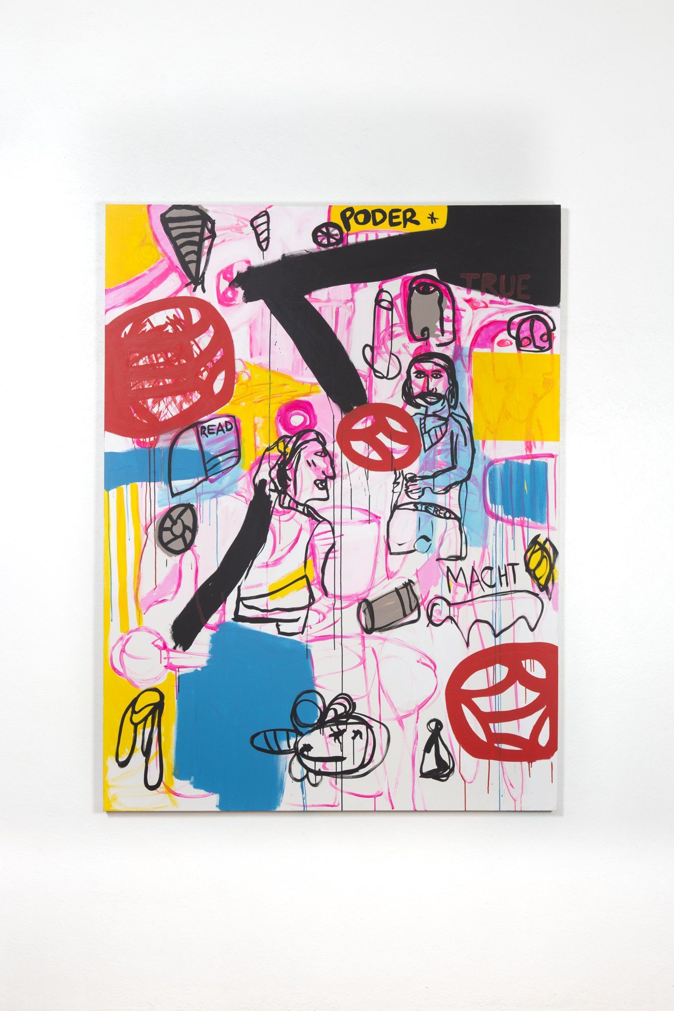 A colorful painting of a woman holding a balloon on a white background.