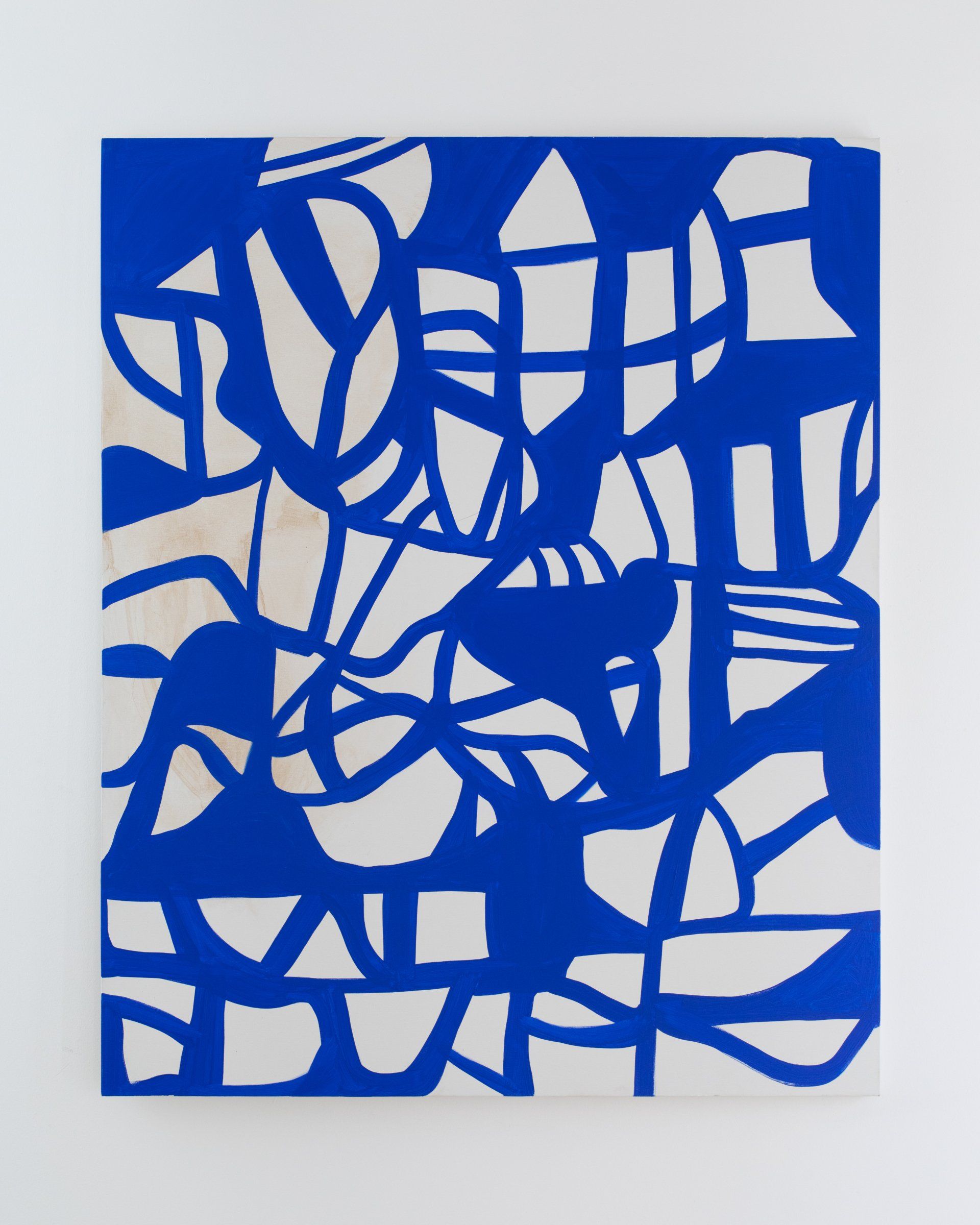 A blue and white painting on a white wall