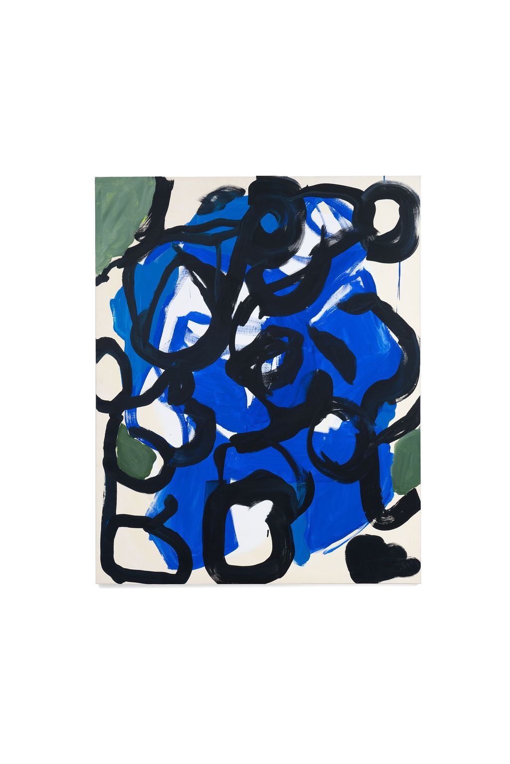 An abstract painting is hanging on a white wall