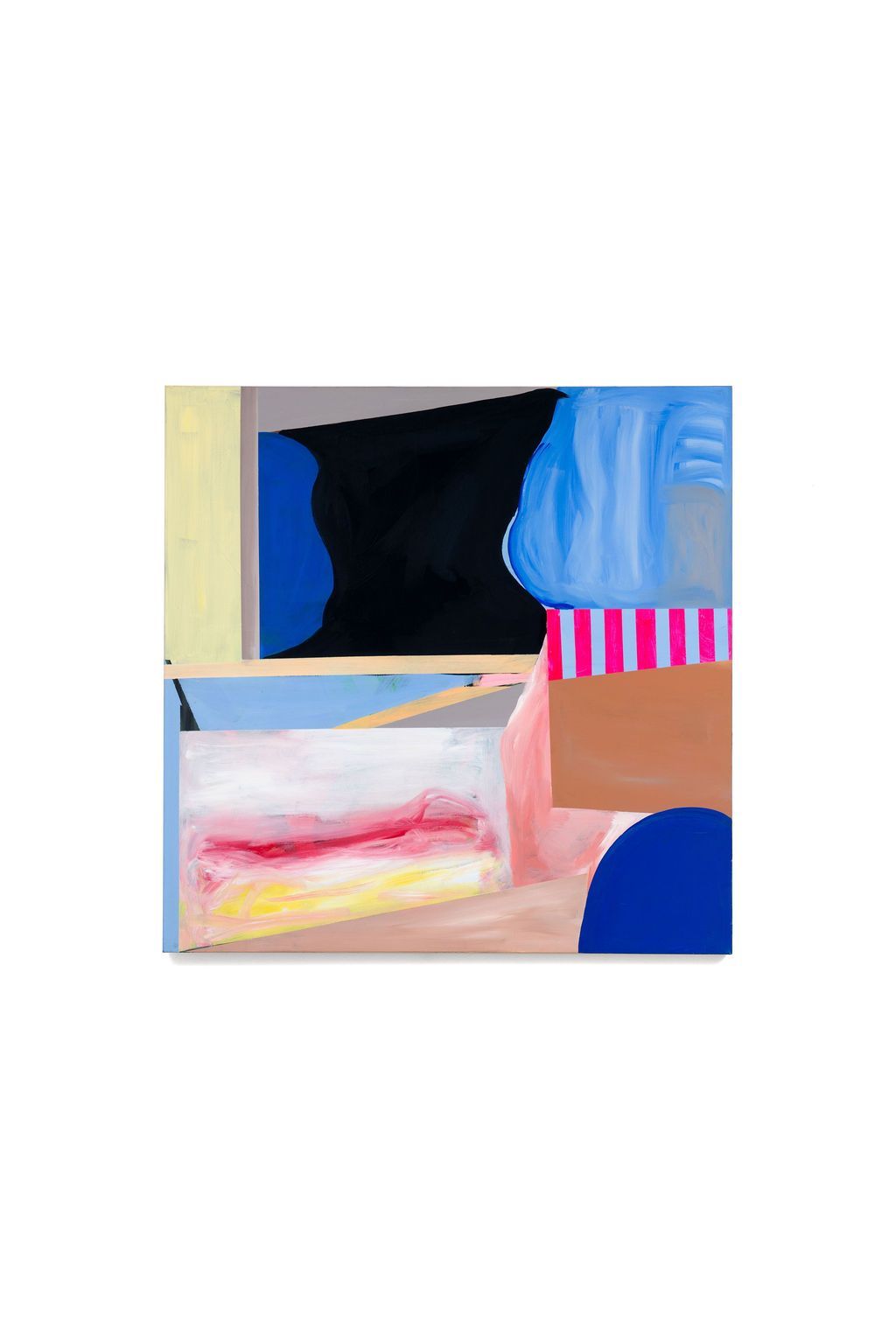 A colorful abstract painting is hanging on a white wall