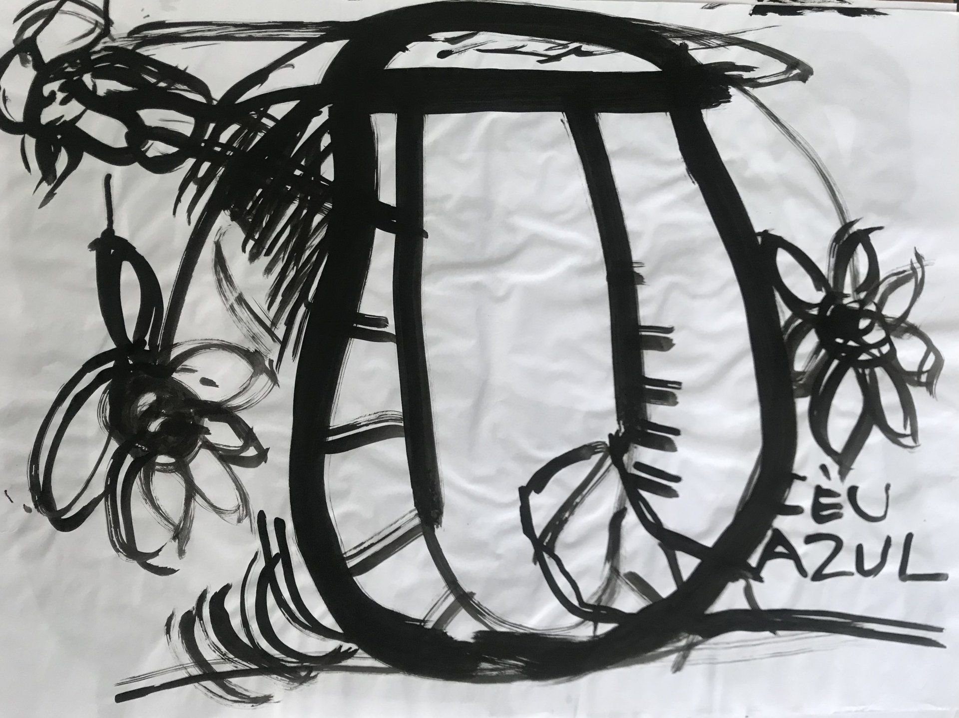 A black and white drawing with the letter d in the center