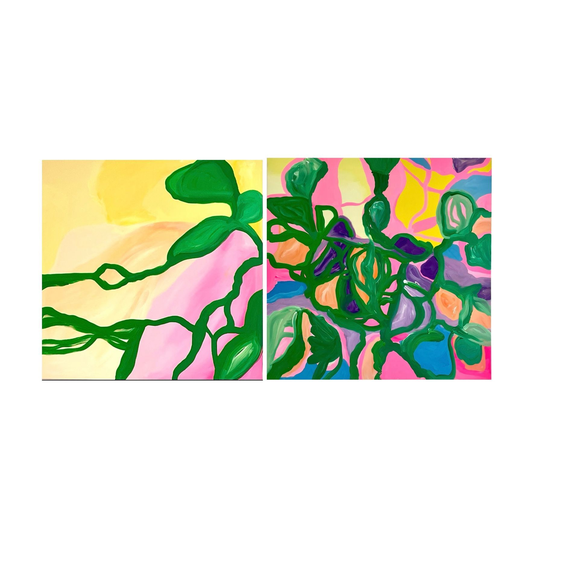 An abstract painting  about nature is hanging on a white wall