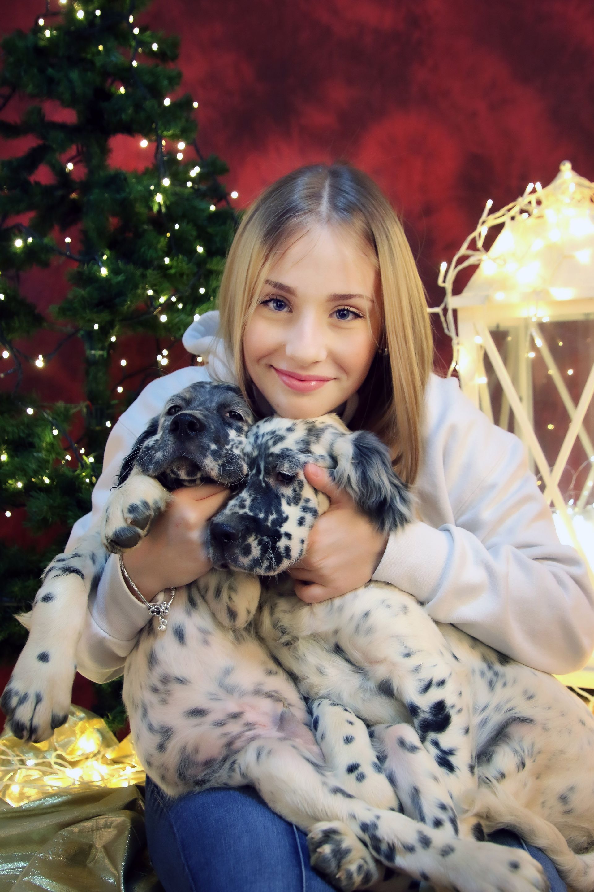 Ragazza con cani a Natale