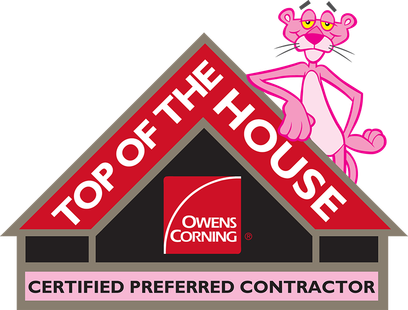Top of the house certified preferred contractor logo with pink panther