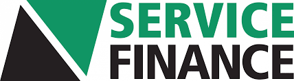 A green and black logo for service finance with a triangle in the middle.
