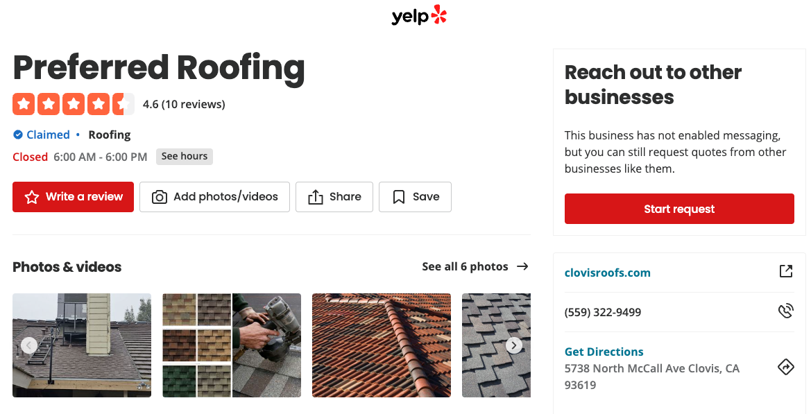 A website for preferred roofing has a red button that says reach out to other businesses