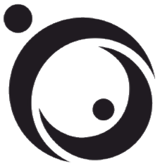 Logo astratto nero con tre cerchi, due piccoli e uno grande, a forma di mezzaluna.