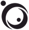 Logo astratto nero con tre cerchi, due piccoli e uno grande, a forma di mezzaluna.