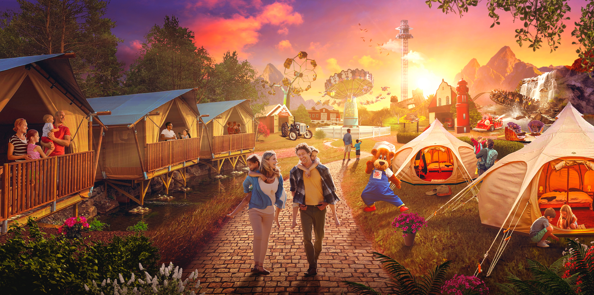 Folk koser seg på et solrikt feriested med fargerike bygninger, telt og tegneseriefigurer. Familier går langs en sti, noen bærer barn.
