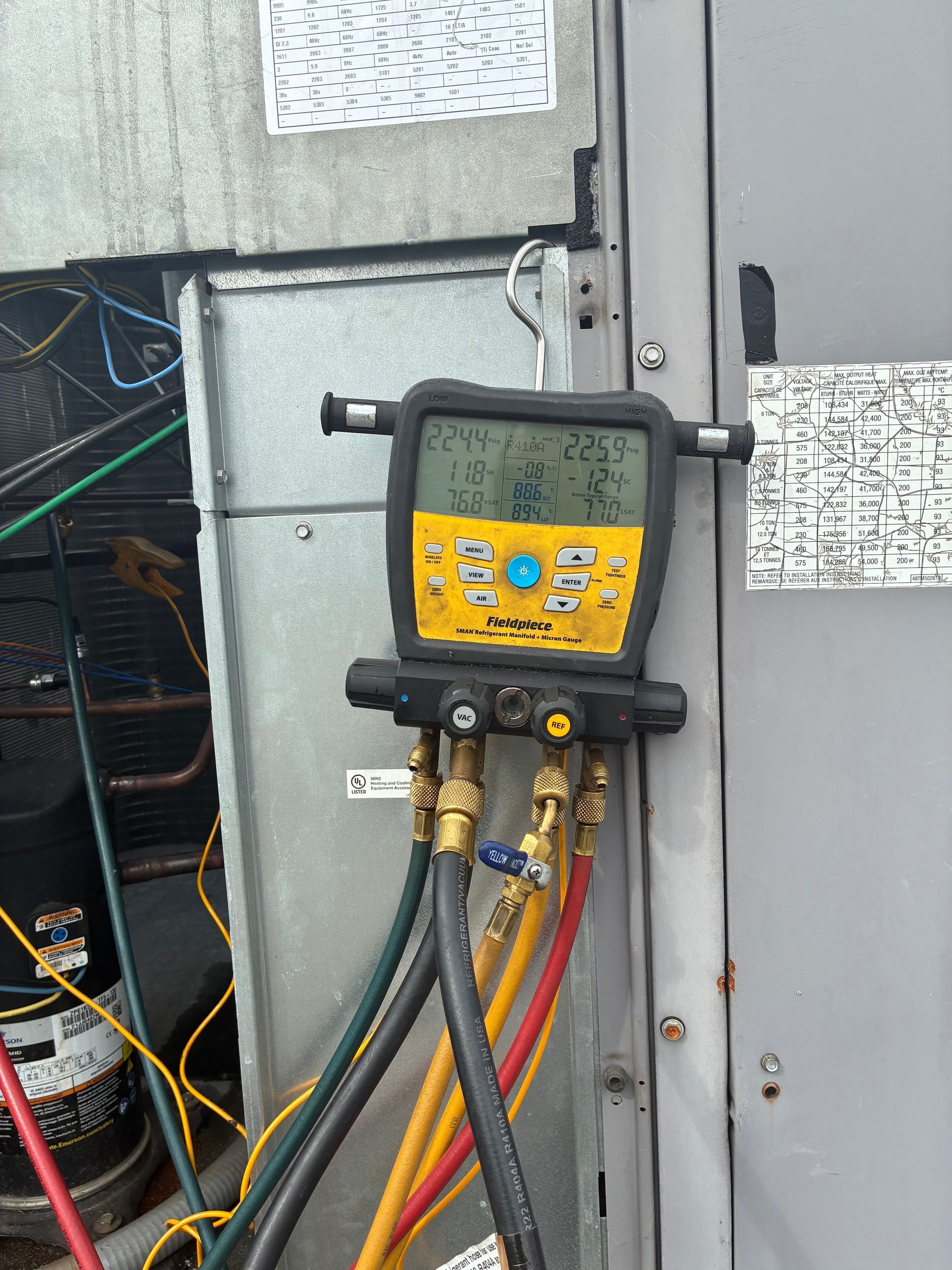 Air conditioning unit with gauges, next to a building wall. A drink sits on top of the unit.