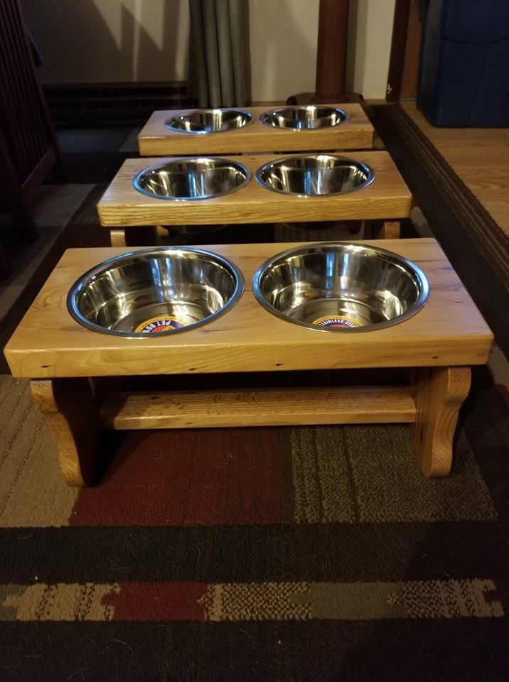 Three dog bowls are sitting on top of a wooden table.