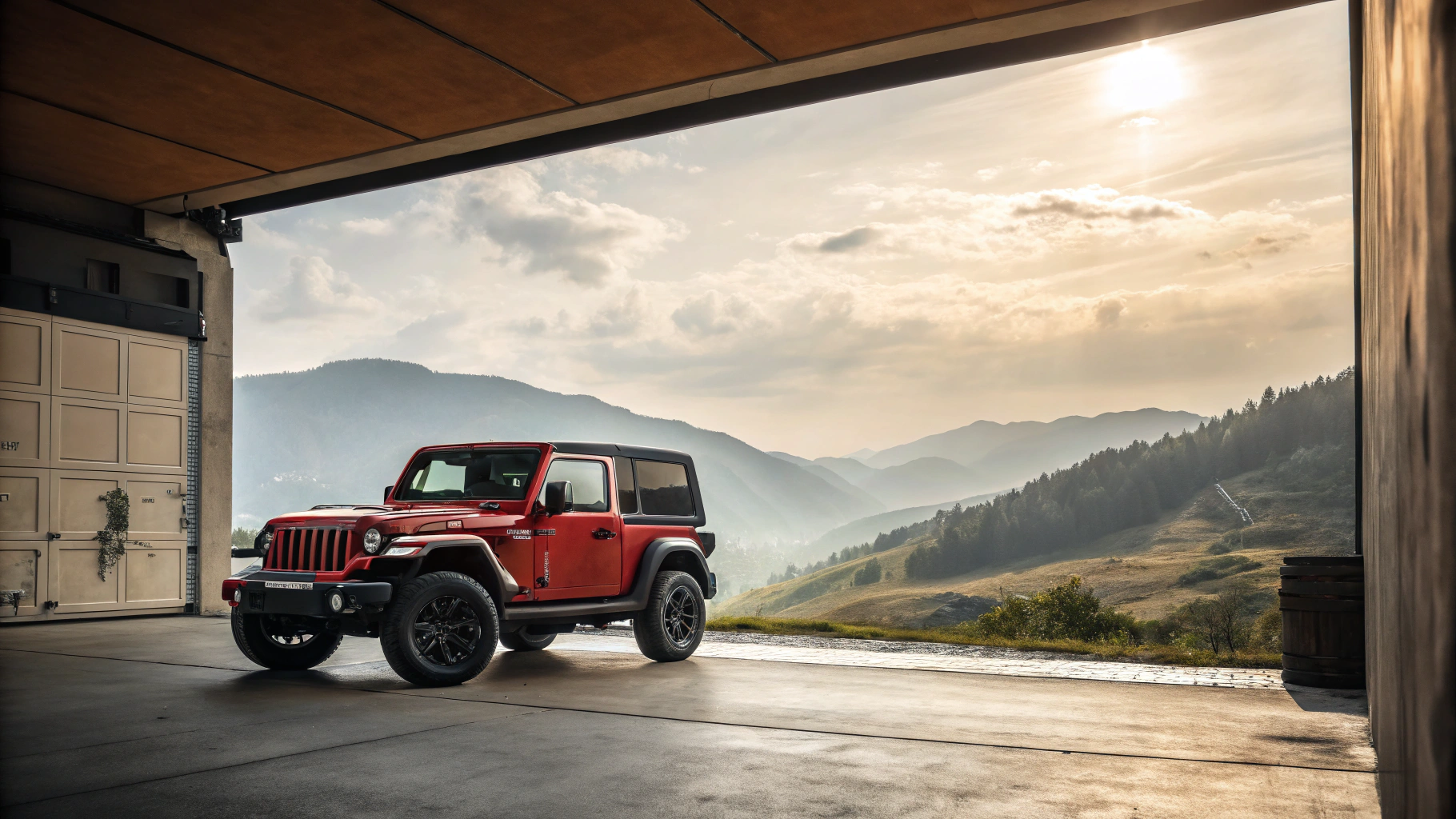 Mid-century modern credenza with a lamp and decorative objects, in a sunlit room.