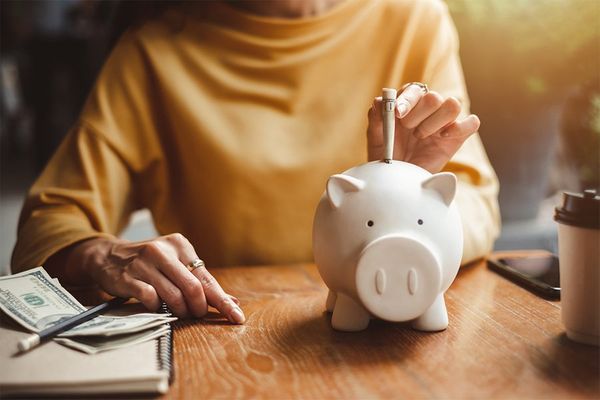 Woman Putting Dollar Note Into Piggy Bank — Baton Rouge, LA — Elite Financial Services, LLC
