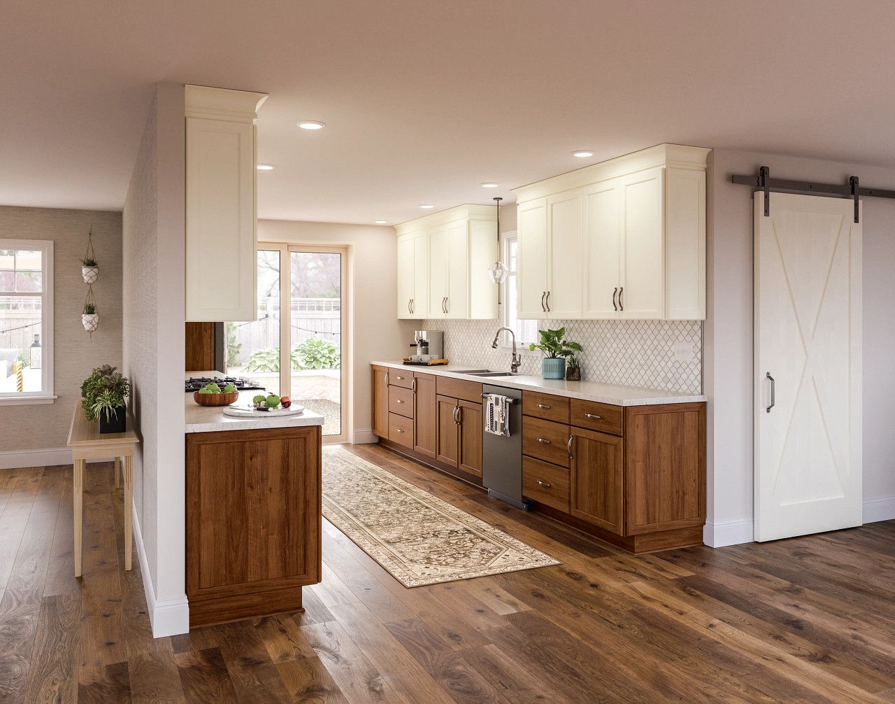 A kitchen with white cabinets and a wooden counter top