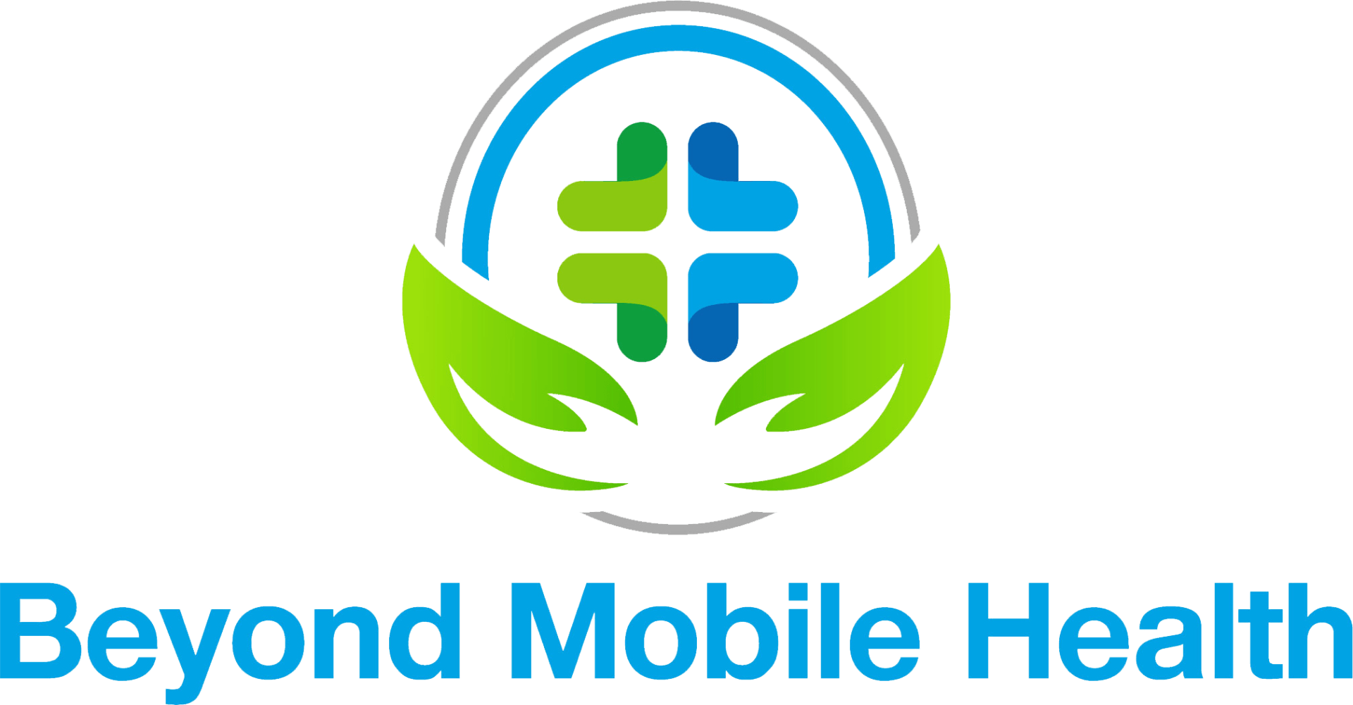 The logo for beyond mobile health shows a cross in a circle with two hands holding it.