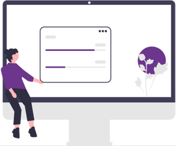 Woman in purple points at a screen with a progress bar, next to a purple floral design.