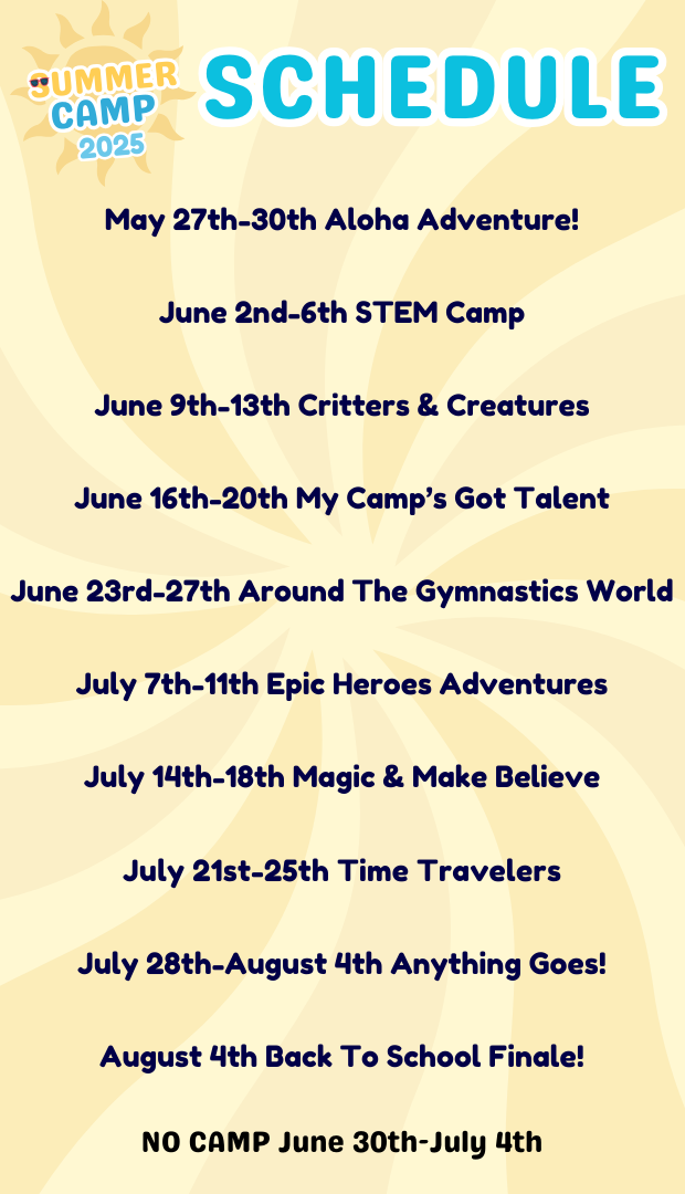 A schedule for a summer camp is displayed on a yellow background.