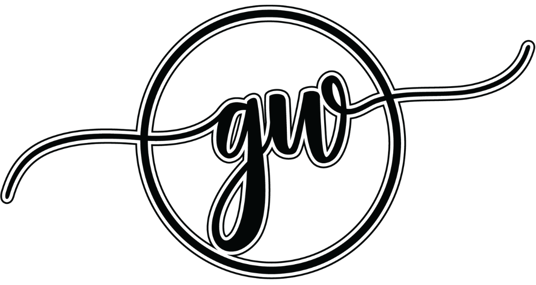 A black and white logo with the word gw in a circle.