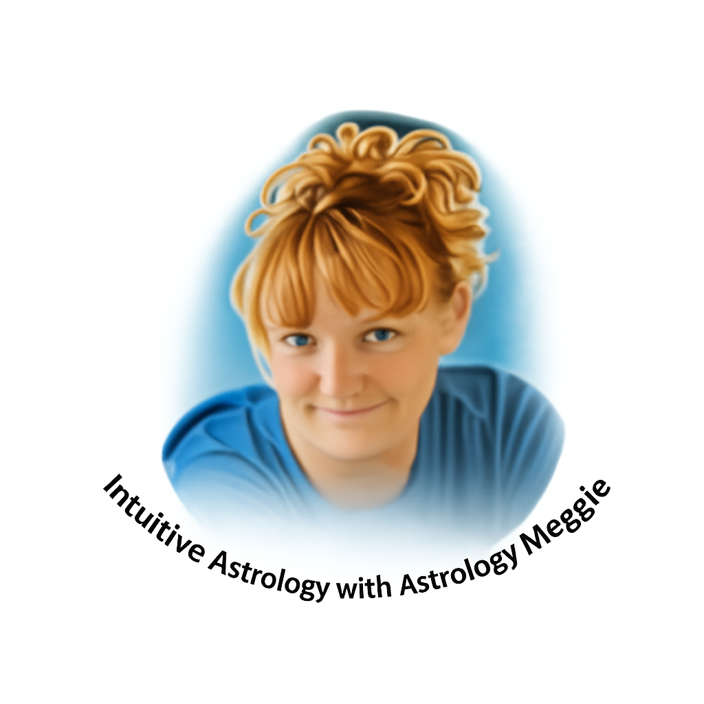 Portrait logo of a smiling woman with curly red hair, blue glow, and “Intuitive Astrology with Astrology Moesie” text