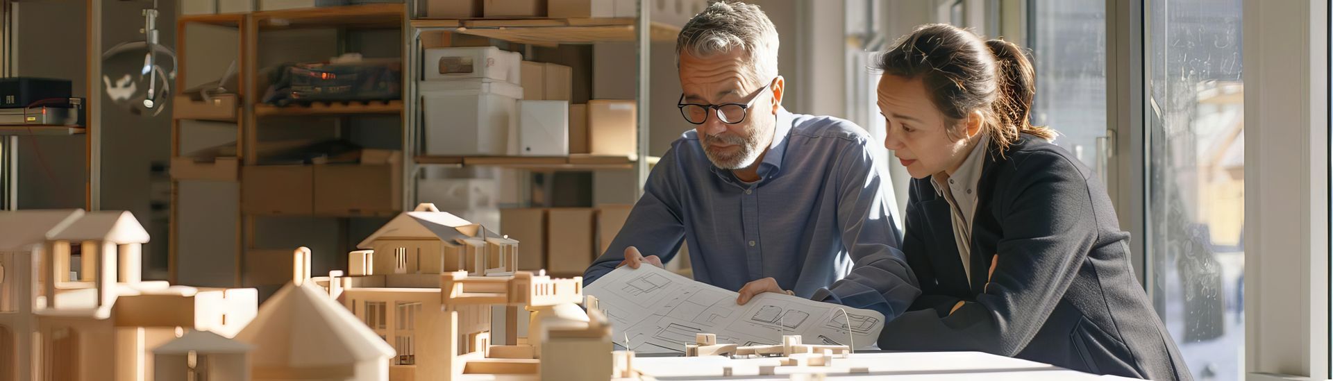 A man and a woman are sitting at a table looking at a model of a city.