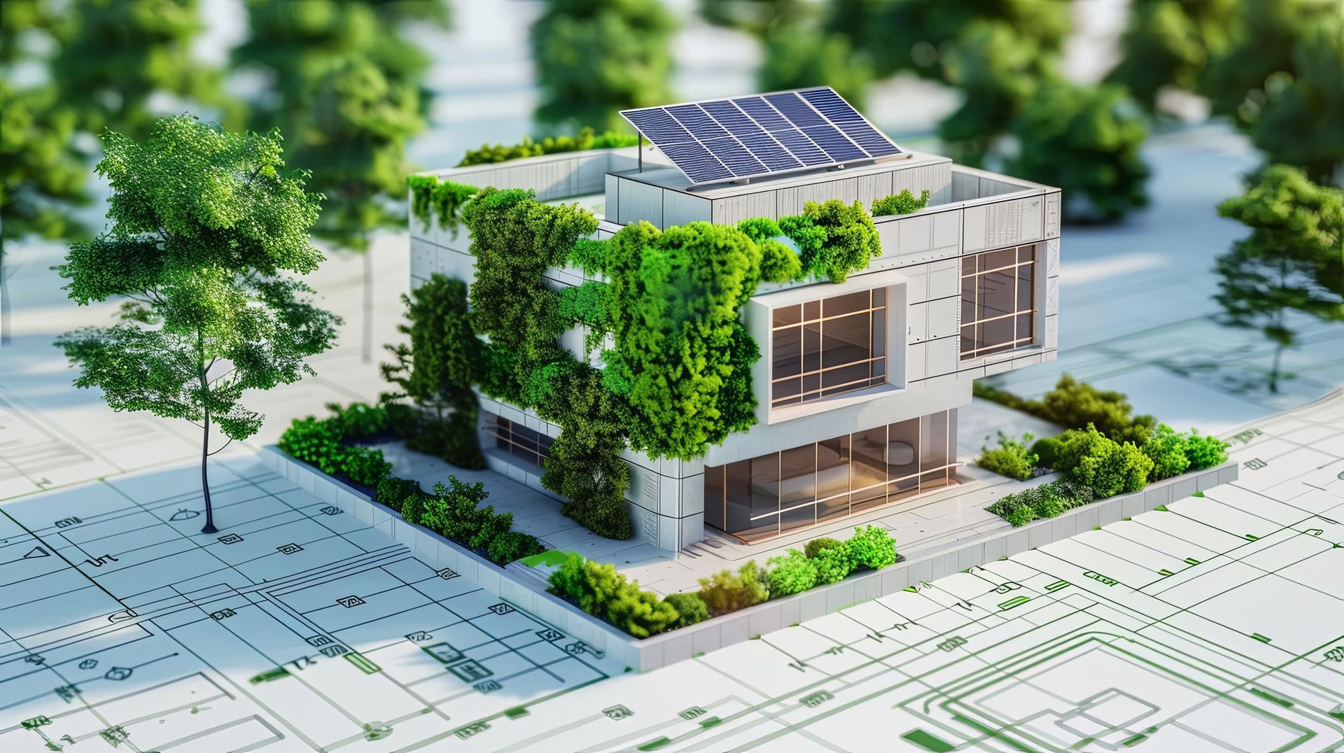 A model of a house with a green wall and solar panels on the roof.