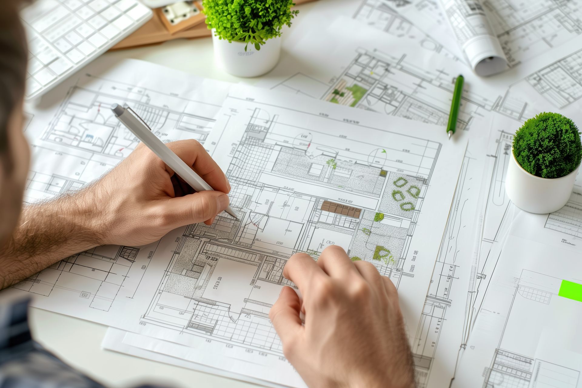 A man is sitting at a table writing on a blueprint.